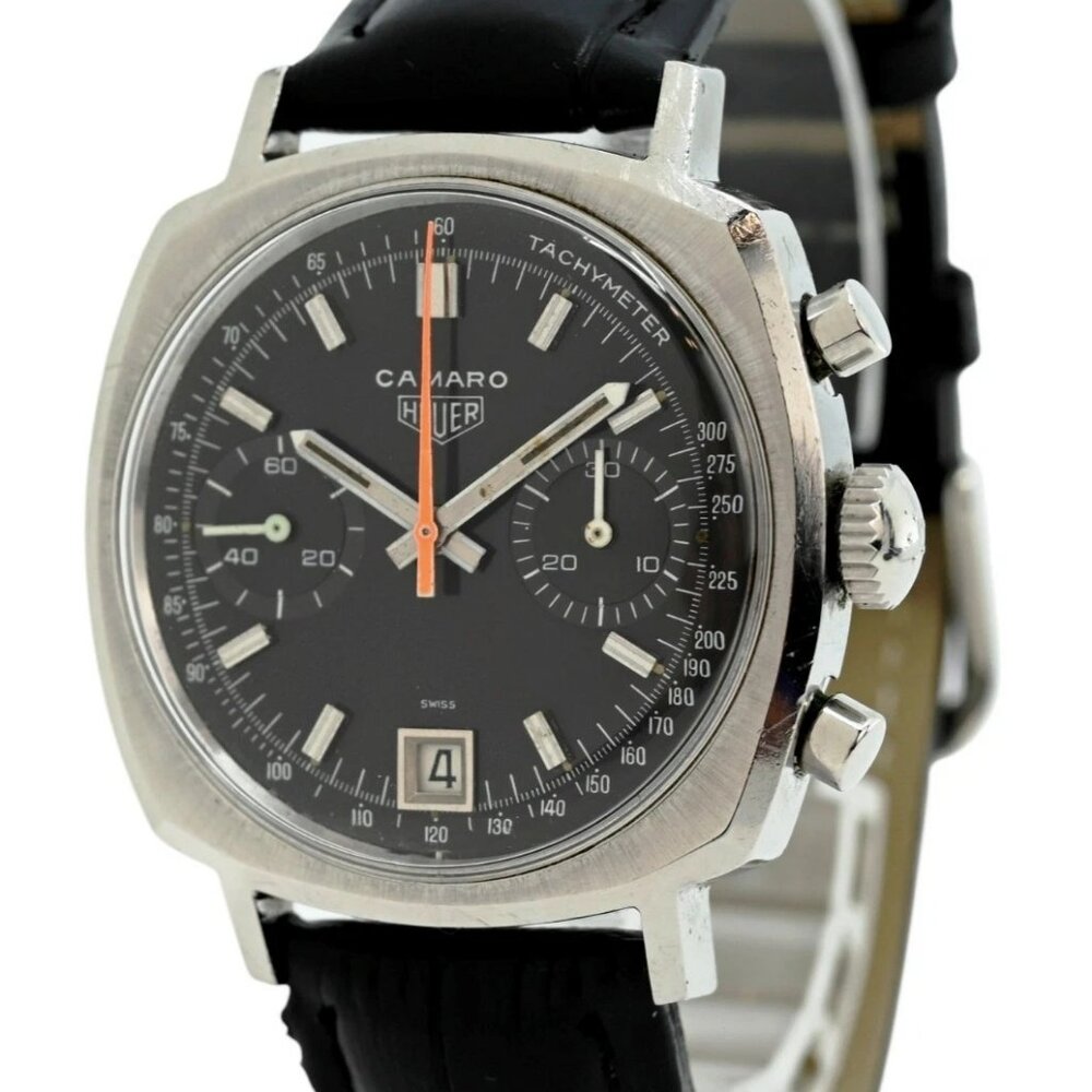 Heuer 37mm Vintage Camaro Black Dial SS Automatic Chronograph Watch